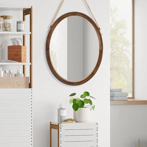 OKSQW 20 Inch Oval Wall Mirror Wooden Bead Frame Art Decorative Rustic Farmhouse Wooden Mirror Hanging Mirror with Rope for Entryway Bedroom Living Room Bathroom in Saudi Arabia
