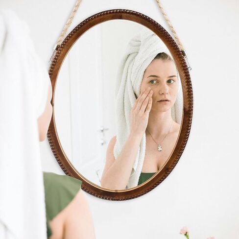 OKSQW 20 Inch Oval Wall Mirror Wooden Bead Frame Art Decorative Rustic Farmhouse Wooden Mirror Hanging Mirror with Rope for Entryway Bedroom Living Room Bathroom in Saudi Arabia