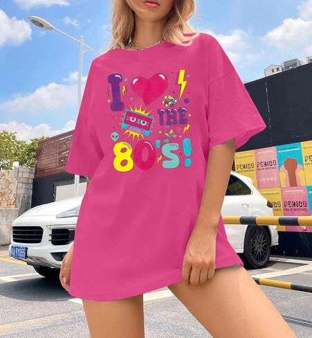 ملابس كبيرة الحجم 80s للنساء أنا أحب قميص الثمانينات قمصان نيون عتيقة لحفلات أعياد الميلاد هدية غير رسمية بأكمام قصيرة in Kuwait