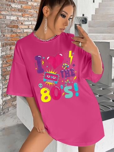 ملابس كبيرة الحجم 80s للنساء أنا أحب قميص الثمانينات قمصان نيون عتيقة لحفلات أعياد الميلاد هدية غير رسمية بأكمام قصيرة in Kuwait