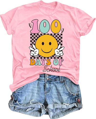 100 Days of School Shirt Teacher Shirts for Women Girls Smiling Face Graphic Student T-Shirt School Days Tee Tops in Saudi Arabia