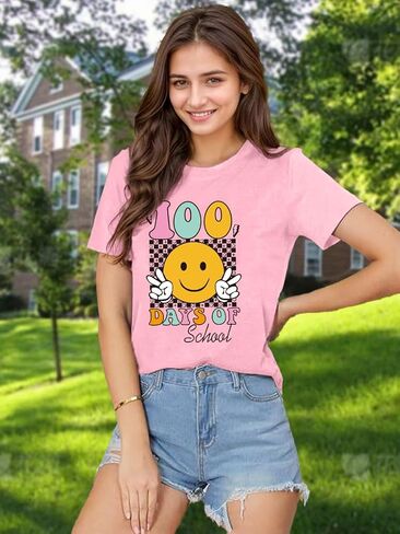 100 Days of School Shirt Teacher Shirts for Women Girls Smiling Face Graphic Student T-Shirt School Days Tee Tops in Saudi Arabia