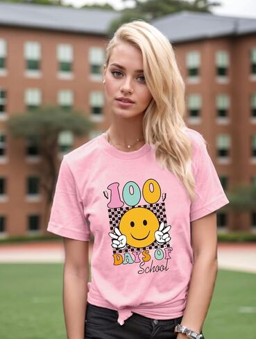 100 Days of School Shirt Teacher Shirts for Women Girls Smiling Face Graphic Student T-Shirt School Days Tee Tops in Saudi Arabia