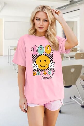100 Days of School Shirt Teacher Shirts for Women Girls Smiling Face Graphic Student T-Shirt School Days Tee Tops in Saudi Arabia