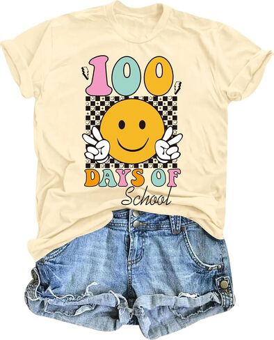 100 Days of School Shirt Teacher Shirts for Women Girls Smiling Face Graphic Student T-Shirt School Days Tee Tops in Saudi Arabia