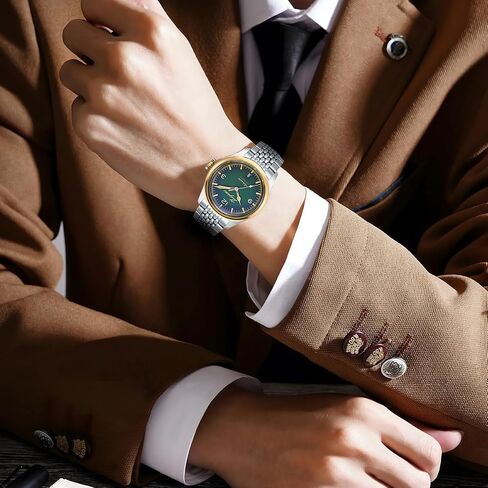 ZEZAME Men's Stainless Steel Watch,Men's Mechanical Luxury Watch,Classic 3-Hand Automatic Watch,Luminous Hand and Mark,Screw-Crown,38mm,Greeneyes in Saudi Arabia
