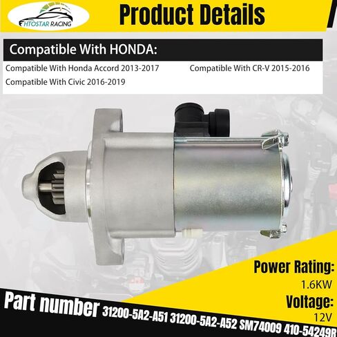 محرك بداية جديد متوافق مع Honda Accord 2013-2017/Civic 2016-2019/CR-V 2015-2016 2.0L 2.4L L4 يستبدل المحرك 10914 31200-5A2-A51 31200-5A2-A52 SM-74009 SM740-09 410-54249ر in Kuwait