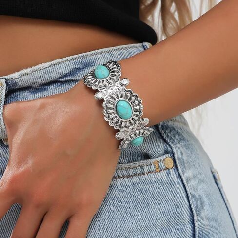 Turquoise Cuff Bracelet,South Western Cowgirl Bangle Bracelets Bohemian Gift for Women in Kuwait