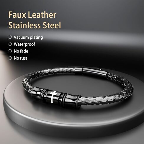 Cross Bracelet for Men Braided Mens Leather Bracelet, Christmas Birthday Religious Gifts for Men Father Boyfriend Husband in Kuwait