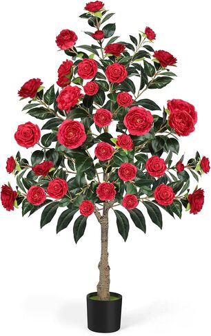 Artificial Camellia Tree,4ft Tall Red Fake Camellia Trees Indoor,Artificial Plants with Natural Wood Trunk and Lifelike Flowers for Indoor Outdoor Office Home Porch Decor in Saudi Arabia