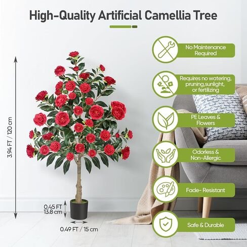 Artificial Camellia Tree,4ft Tall Red Fake Camellia Trees Indoor,Artificial Plants with Natural Wood Trunk and Lifelike Flowers for Indoor Outdoor Office Home Porch Decor in Saudi Arabia