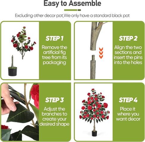 Artificial Camellia Tree,4ft Tall Red Fake Camellia Trees Indoor,Artificial Plants with Natural Wood Trunk and Lifelike Flowers for Indoor Outdoor Office Home Porch Decor in Saudi Arabia