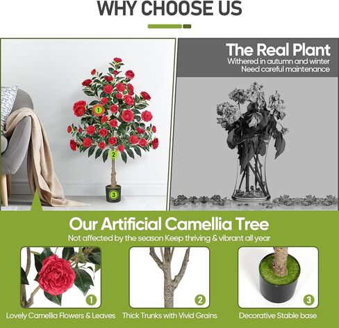 Artificial Camellia Tree,4ft Tall Red Fake Camellia Trees Indoor,Artificial Plants with Natural Wood Trunk and Lifelike Flowers for Indoor Outdoor Office Home Porch Decor in Saudi Arabia
