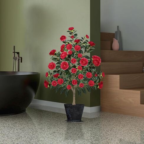 Artificial Camellia Tree,4ft Tall Red Fake Camellia Trees Indoor,Artificial Plants with Natural Wood Trunk and Lifelike Flowers for Indoor Outdoor Office Home Porch Decor in Saudi Arabia