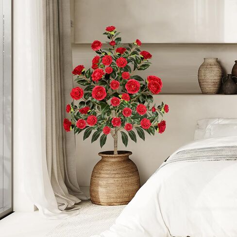 Artificial Camellia Tree,4ft Tall Red Fake Camellia Trees Indoor,Artificial Plants with Natural Wood Trunk and Lifelike Flowers for Indoor Outdoor Office Home Porch Decor in Saudi Arabia