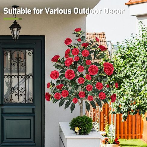 Artificial Camellia Tree,4ft Tall Red Fake Camellia Trees Indoor,Artificial Plants with Natural Wood Trunk and Lifelike Flowers for Indoor Outdoor Office Home Porch Decor in Saudi Arabia