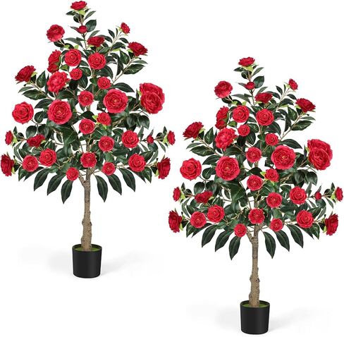 Artificial Camellia Tree,4ft Tall Red Fake Camellia Trees Indoor,Artificial Plants with Natural Wood Trunk and Lifelike Flowers for Indoor Outdoor Office Home Porch Decor in Saudi Arabia