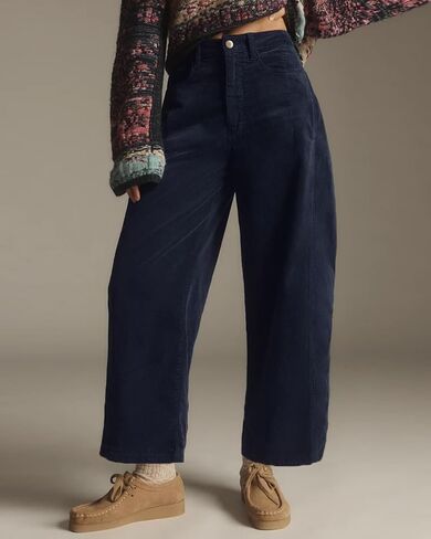 Kedera Mid Rise Barrel Jeans for Women Corduroy Wide Leg Denim Pants Baggy Boyfriend Jeans with Pockets in Saudi Arabia