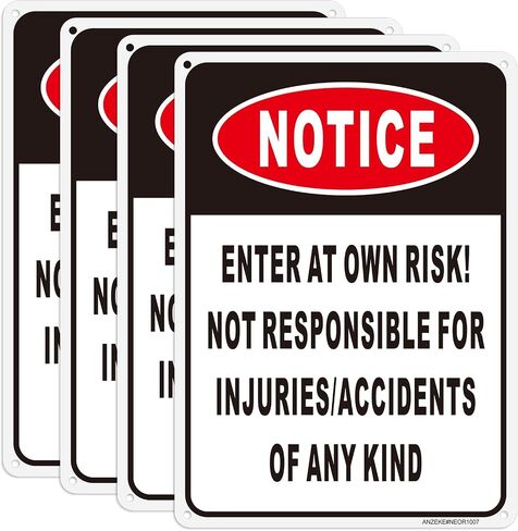 Notice Enter at Own Risk Sign, 2 Pack Not Responsible for Accidents or Injuries Sign, 18x12 Inch Aluminum Metal Caution Safety Sign, UV Protected, Ink Printing, Weatherproof, Indoor/Outdoor Use in Saudi Arabia