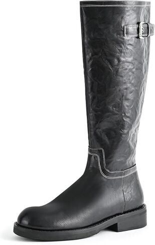 Women's Knee High Boots Wide Calf Platform Lug Sole Riding Boots Side Zipper Buckle Comfortable Tall Boots Chunky Low Heel Classic Round Toe Long Boots for Women,Brown,Size 8 in Saudi Arabia