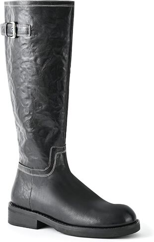 Women's Knee High Boots Wide Calf Platform Lug Sole Riding Boots Side Zipper Buckle Comfortable Tall Boots Chunky Low Heel Classic Round Toe Long Boots for Women,Brown,Size 8 in Saudi Arabia