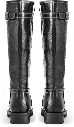 Women's Knee High Boots Wide Calf Platform Lug Sole Riding Boots Side Zipper Buckle Comfortable Tall Boots Chunky Low Heel Classic Round Toe Long Boots for Women,Brown,Size 8 in Saudi Arabia