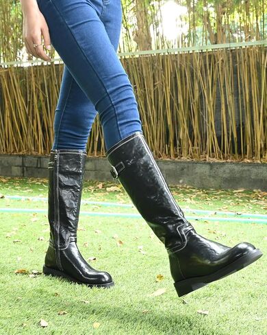 Women's Knee High Boots Wide Calf Platform Lug Sole Riding Boots Side Zipper Buckle Comfortable Tall Boots Chunky Low Heel Classic Round Toe Long Boots for Women,Brown,Size 8 in Saudi Arabia
