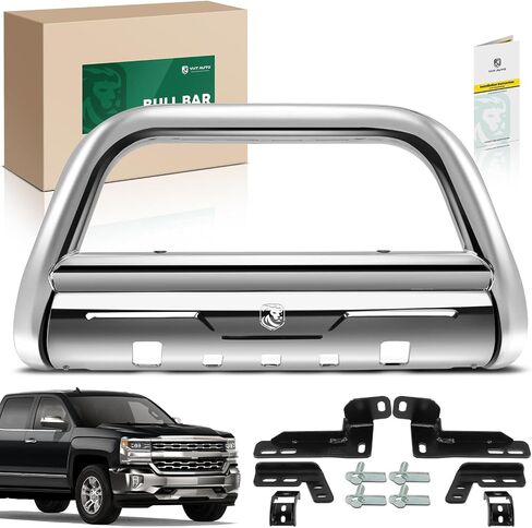 YHTAUTO 3.5 بوصة قضيب دفع قضيب الثور مع لوح انزلاقي مناسب لموديلات Chevy & GMC، Silverado 2500 3500 11-18، Silverado/Sierra 2500 HD & 3500 HD 11-19، S/S 304 واقي فرشاة للمصد الأمامي للشاحنة in Kuwait