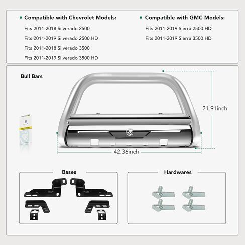 YHTAUTO 3.5 بوصة قضيب دفع قضيب الثور مع لوح انزلاقي مناسب لموديلات Chevy & GMC، Silverado 2500 3500 11-18، Silverado/Sierra 2500 HD & 3500 HD 11-19، S/S 304 واقي فرشاة للمصد الأمامي للشاحنة in Kuwait