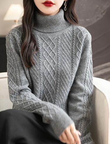 Women's 100% Merino Wool Sweater 2024 Fall Winter Turtleneck Warm Soft Casual Long Sleeve Knitted Sweater in Kuwait