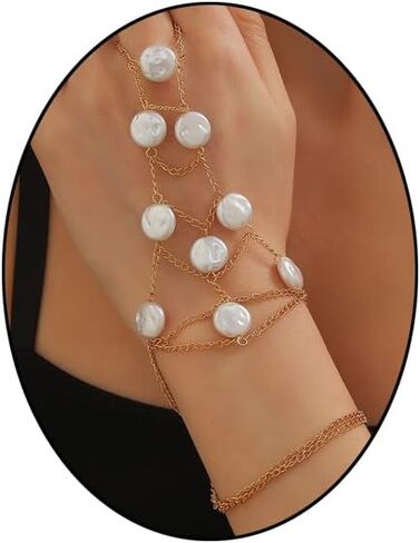 Pearl Finger Ring Bracelet for Women Bohemia Hand Chain Beaded Finger Chain Bracelets Gold Chain Tassel Pearl Bracelet Slave Finger Ring Hand Harness Dainty Jewelry Gifts in Kuwait