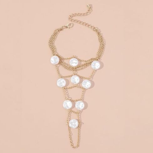 Pearl Finger Ring Bracelet for Women Bohemia Hand Chain Beaded Finger Chain Bracelets Gold Chain Tassel Pearl Bracelet Slave Finger Ring Hand Harness Dainty Jewelry Gifts in Kuwait