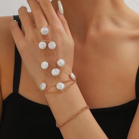 Pearl Finger Ring Bracelet for Women Bohemia Hand Chain Beaded Finger Chain Bracelets Gold Chain Tassel Pearl Bracelet Slave Finger Ring Hand Harness Dainty Jewelry Gifts in Kuwait