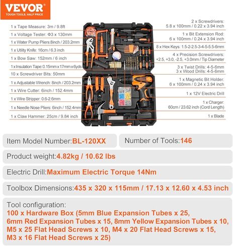 مجموعة أدوات الحفر اللاسلكية VEVOR 3.7 فولت، مجموعة أدوات منزلية مكونة من 96 قطعة مع مثقاب كهربائي وحقيبة تخزين الأدوات المحمولة لصيانة المنزل، والمشروعات اليدوية، وإصلاح السيارات in Kuwait