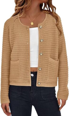 Esmeling Women’s Crew Neck Button Knit Cardigan Sweaters Long Sleeve Fall Lightweight Cardigans Outerwear with Pockets in Saudi Arabia