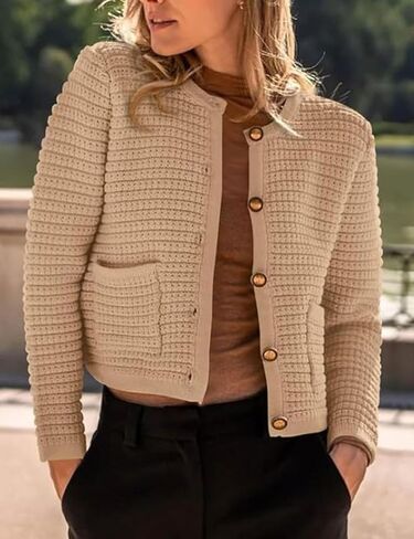 Esmeling Women’s Crew Neck Button Knit Cardigan Sweaters Long Sleeve Fall Lightweight Cardigans Outerwear with Pockets in Saudi Arabia