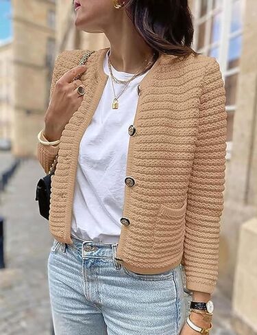 Esmeling Women’s Crew Neck Button Knit Cardigan Sweaters Long Sleeve Fall Lightweight Cardigans Outerwear with Pockets in Saudi Arabia