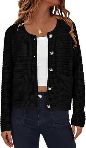 Esmeling Women’s Crew Neck Button Knit Cardigan Sweaters Long Sleeve Fall Lightweight Cardigans Outerwear with Pockets in Saudi Arabia