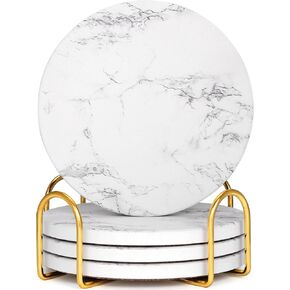 GOH DODD Coasters for Drinks Set of 4, Absorbent Marble Style Ceramic Coaster Set Cup Coasters Tabletop Protection Home Decor with Metal Golden Holder for Coffee Table, Beige, Round, 4 Inches