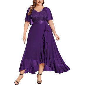 Miusol Women's Plus Size Floral Lace Cape Sleeves V Neck Ruffle Trim Formal Party Maxi Dress