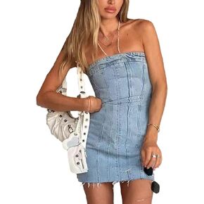 Sexy Denim Strapless Dresses for Women Y2K Jeans Corset Backless Tube Bodycon Mini Dress Clubwear