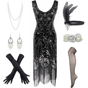 Women's Flapper Dress Sequin Cocktail 1920s Gatsby Dress w/Accessories Set