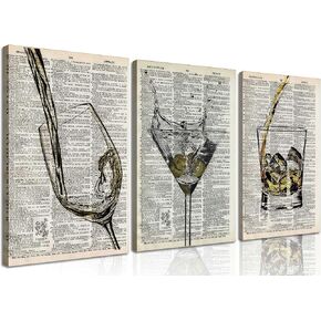 3Pcs Framed Bar Cart Canvas Wall Art Vintage Funky Champagne Glasses Posters Pictures Black And White Cocktail Glasses Paintings Bar Dictionary Prints for Bar Party Dining Man Cave Wall Decor