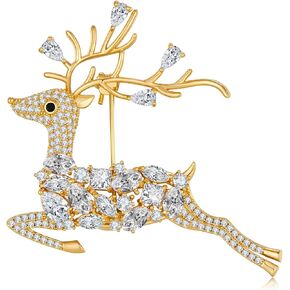 FAMARINE Sika Deer Brooches for Women, Christmas Animals Brooch Pin Paved by Cubic Zirconia Crystals (Gold-plated)