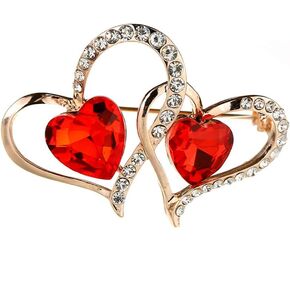 Red Love Heart Brooch Pin Double Holloe Heart Lapel Pin Women Girls Suit Dress Cardigan Safty Pin Crystal Heart Broach Gift for Valentine's Day Mother's day Xmas Gift Pins