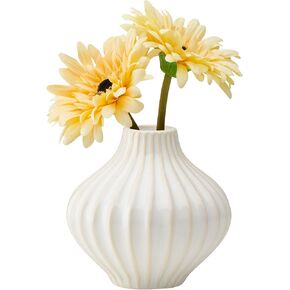 Torre & Tagus Anna Ceramic White Vase with Textured Grooves, Handmade Round Bulbous Vase for Flowers with Scandinavian Design, Ribbed Vase with Reactive Glaze Finish, 4.5-inch Height, White