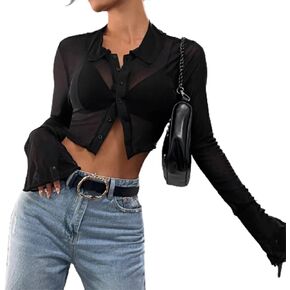 Avanova Women Sheer Mesh Button Down Crop Top Bell Sleeve Asymmetrical Hem Shirt