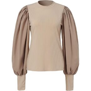 Women's Casual Round Neck Stitched Puff Sleeve Solid Color Shirt Long Sleeve Top