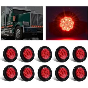 10x Red 2" Round Sealed Clearance Marker Light 9 LED Grommet & Pigtails w Reflex Lens, [DOT Approved] 2 inch round led marker lights, 2 inch round led trailer lights, 2 inch round led lights
