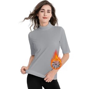 Thermal Tops for Women Short Sleeve Base Layer Mock Necks Fleece Lined Undershirt Ultra Soft Fitted Shirt